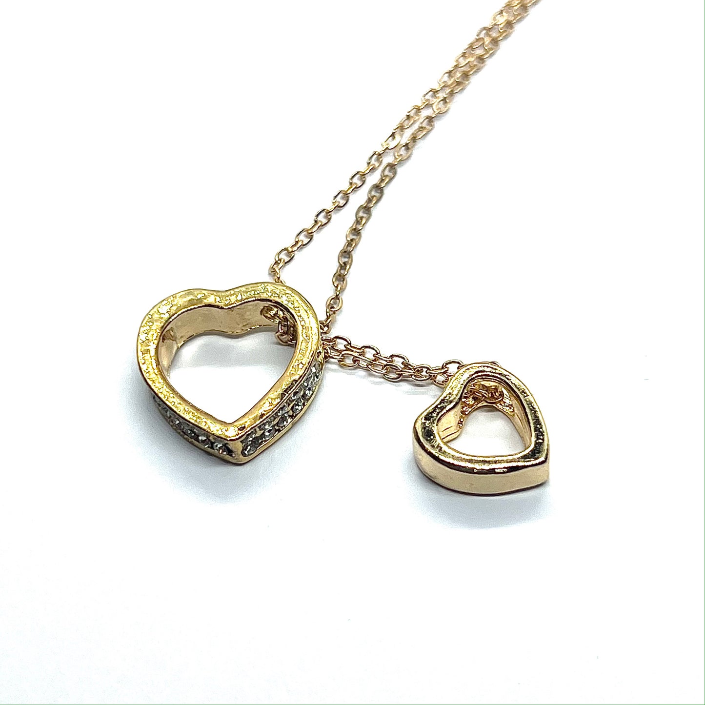 Double Heart Rhinestones Pendant Golden Necklace