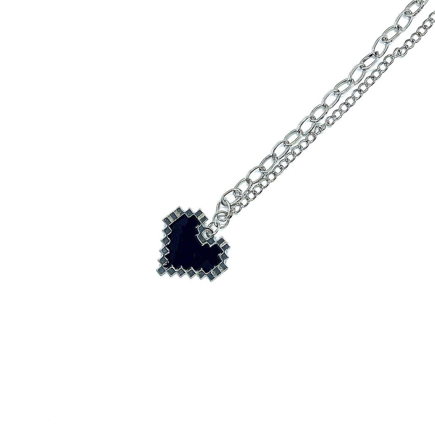 Pixel Heart Black Enamel Silver Necklace