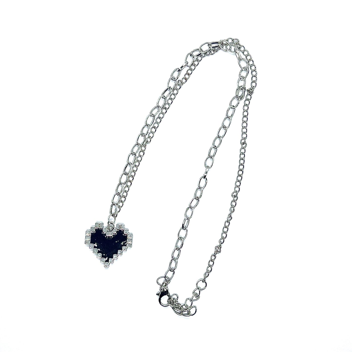 Pixel Heart Black Enamel Silver Necklace