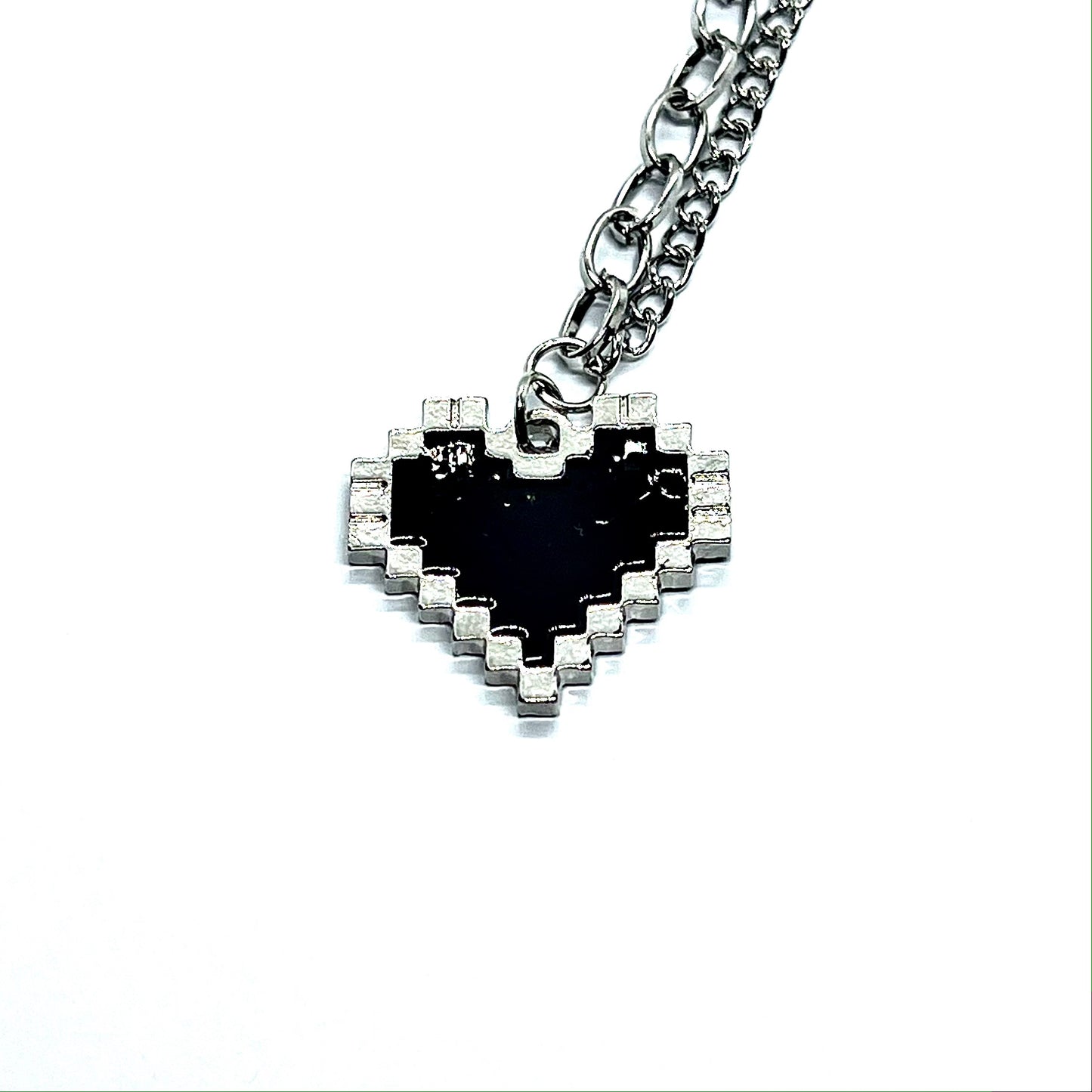 Pixel Heart Black Enamel Silver Necklace