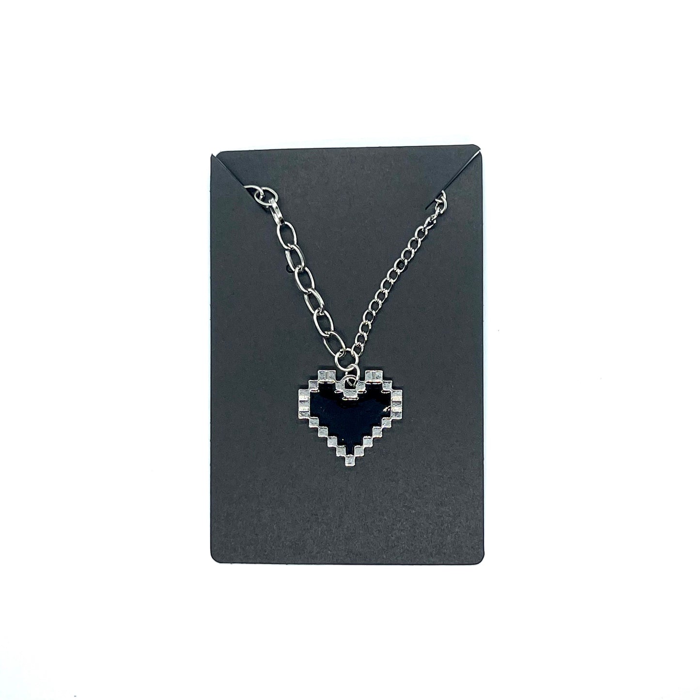 Pixel Heart Black Enamel Silver Necklace