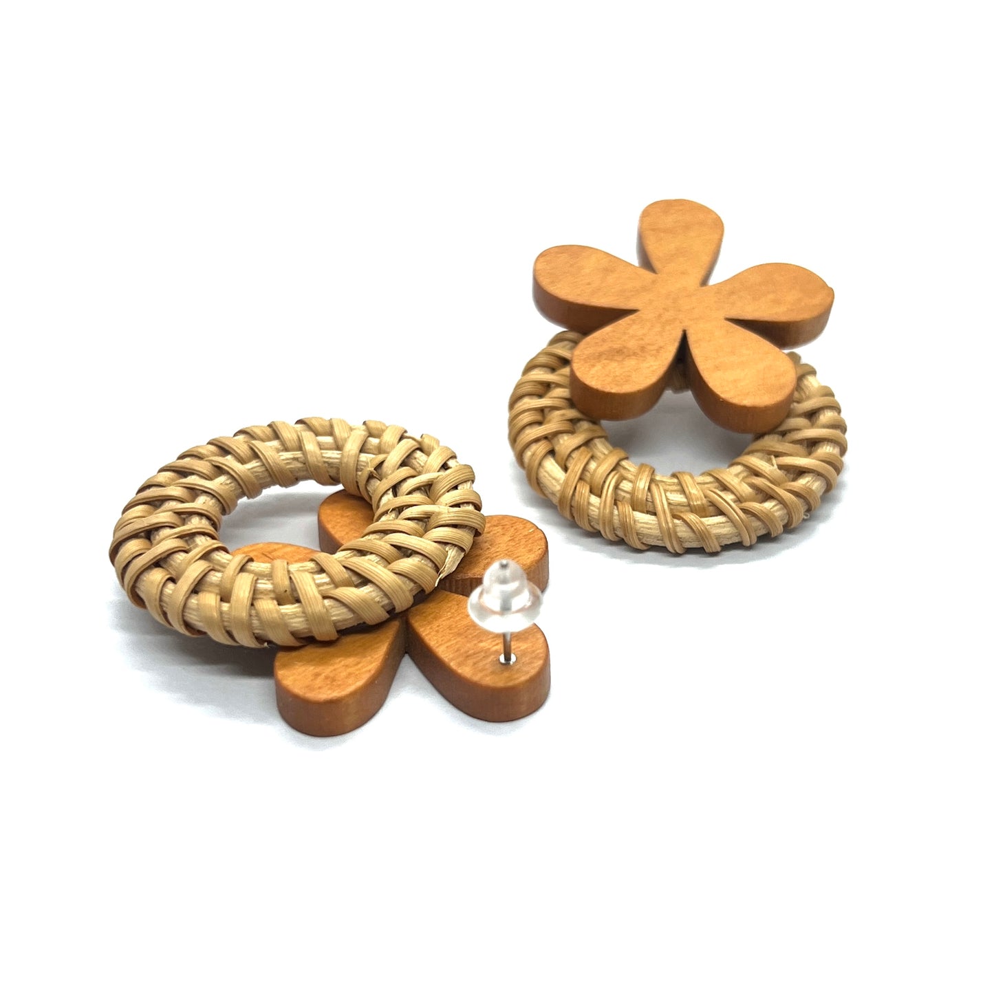 Rattan Brown Wooden Flower Drop Earrings
