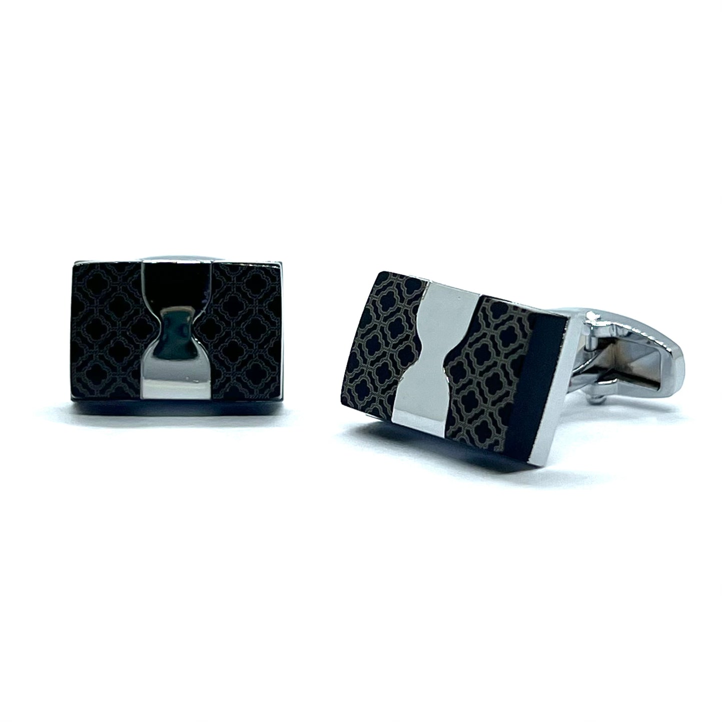 Cross Pattern Black Silver Bow Cufflinks