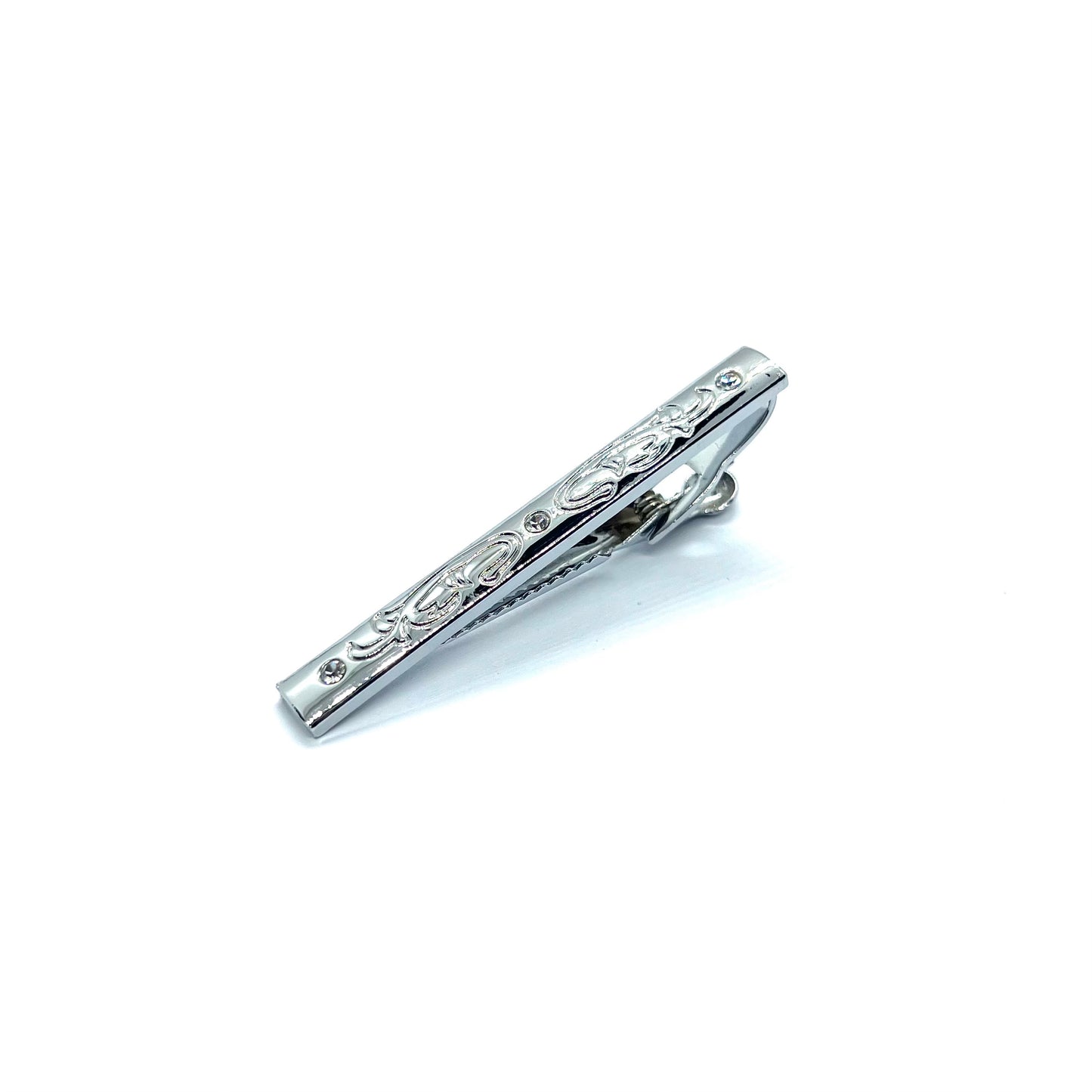 Floral Rhinestone Silver Tie Clip