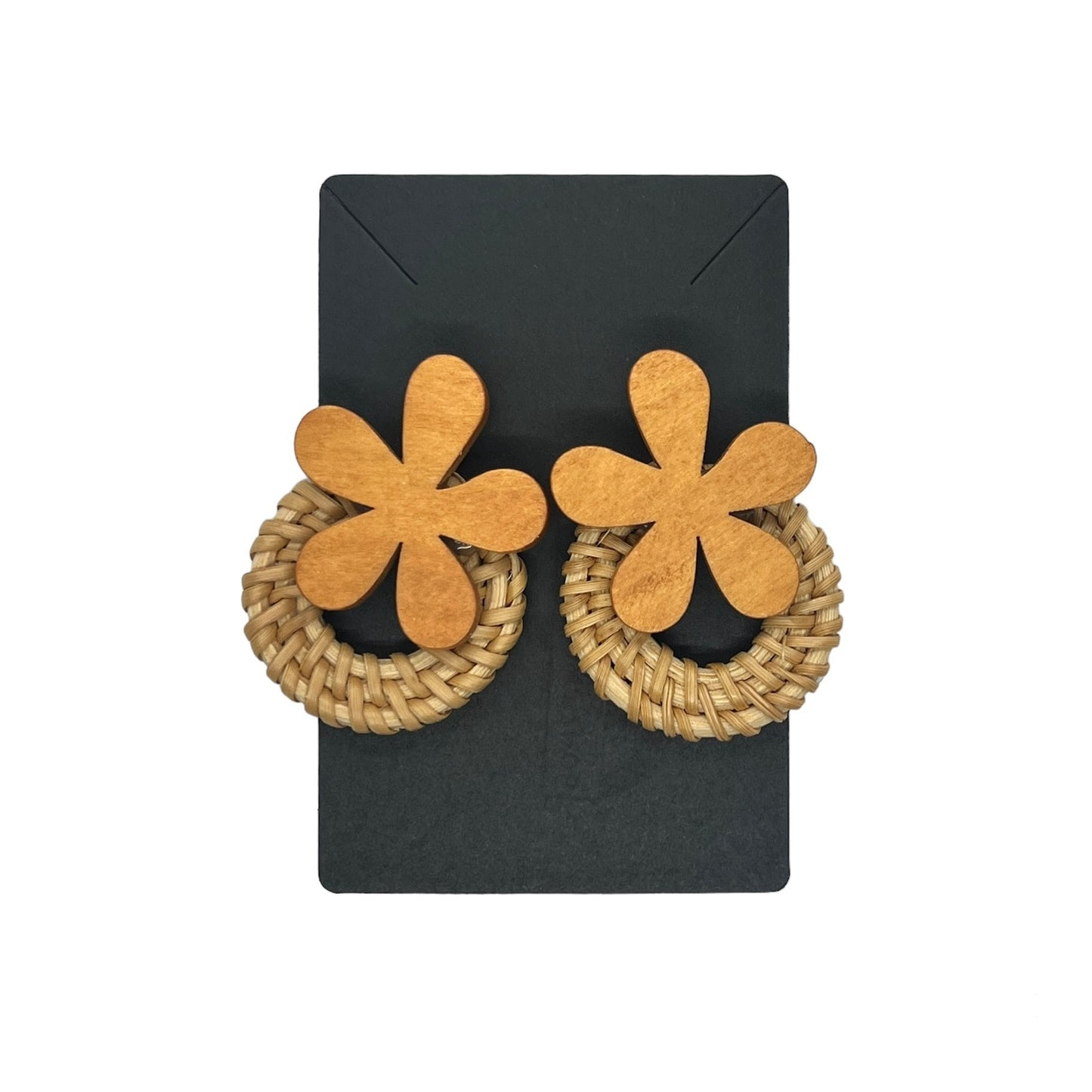 Rattan Brown Wooden Flower Drop Earrings