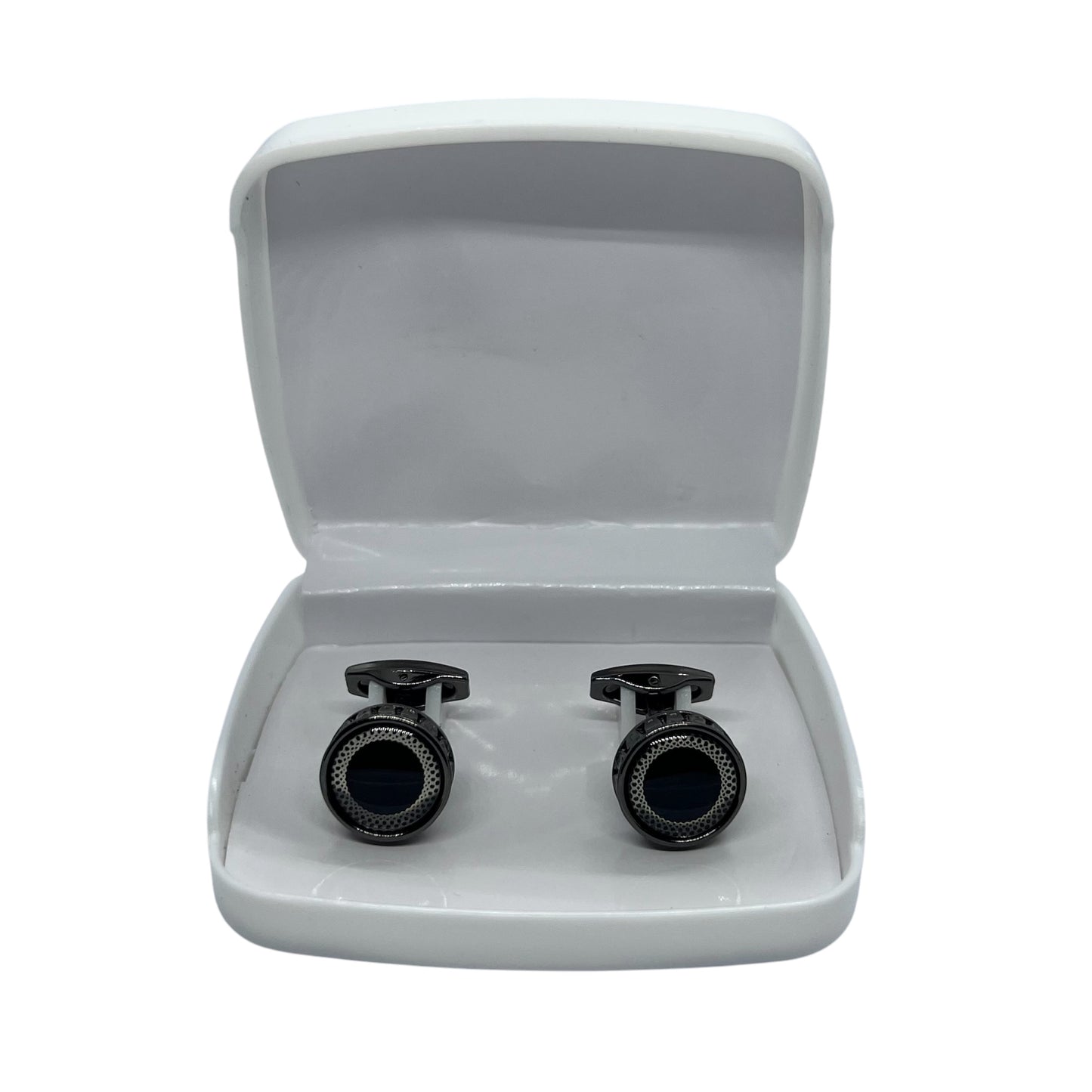 Silver Round Glass Curva Grey Metallic Cufflinks