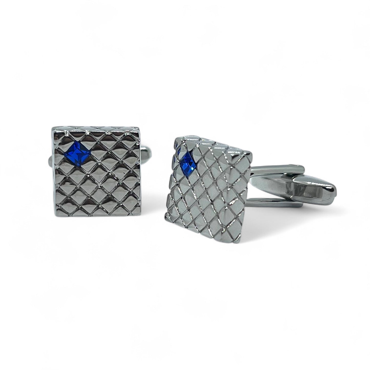 Rhombus Plaid Blue Rhino Silver Cufflinks
