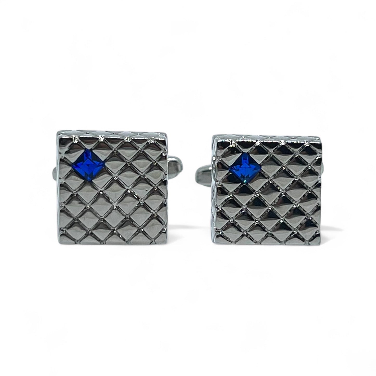 Rhombus Plaid Blue Rhino Silver Cufflinks