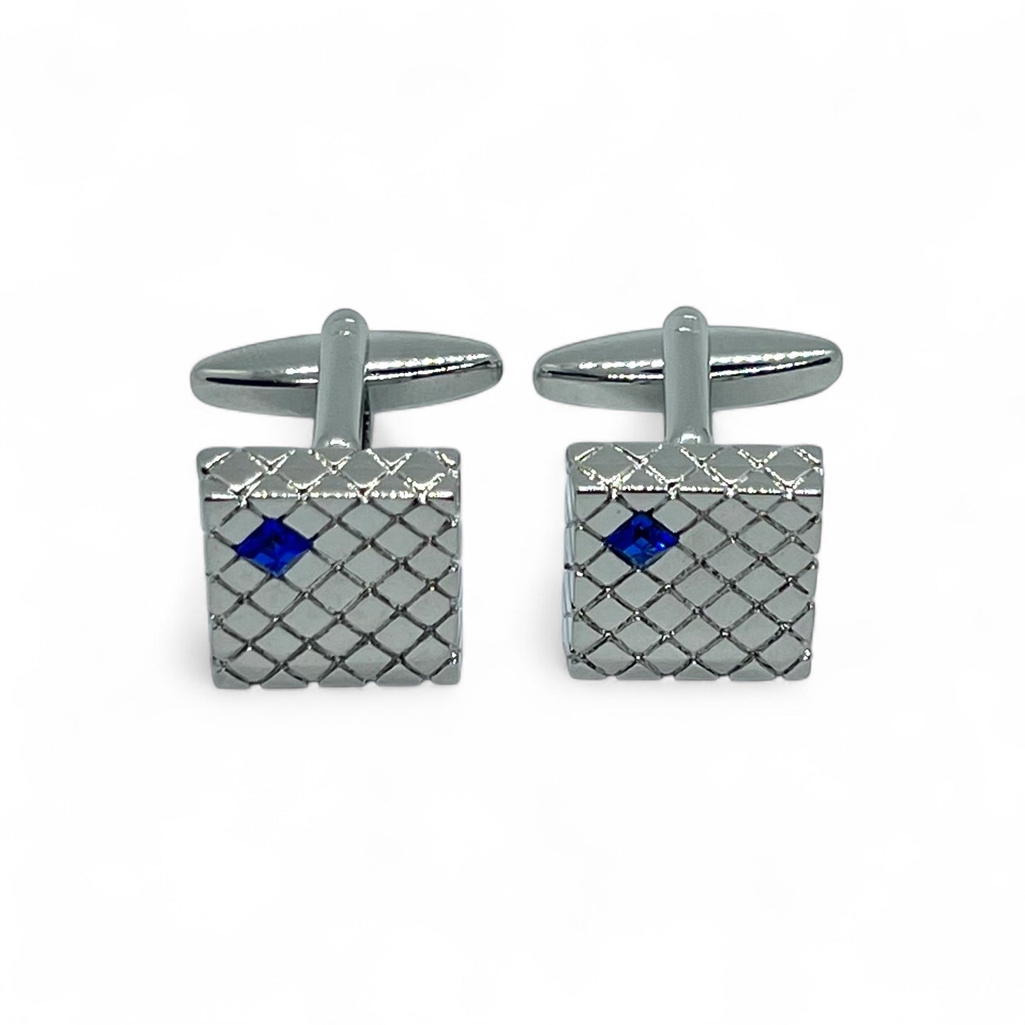 Rhombus Plaid Blue Rhino Silver Cufflinks