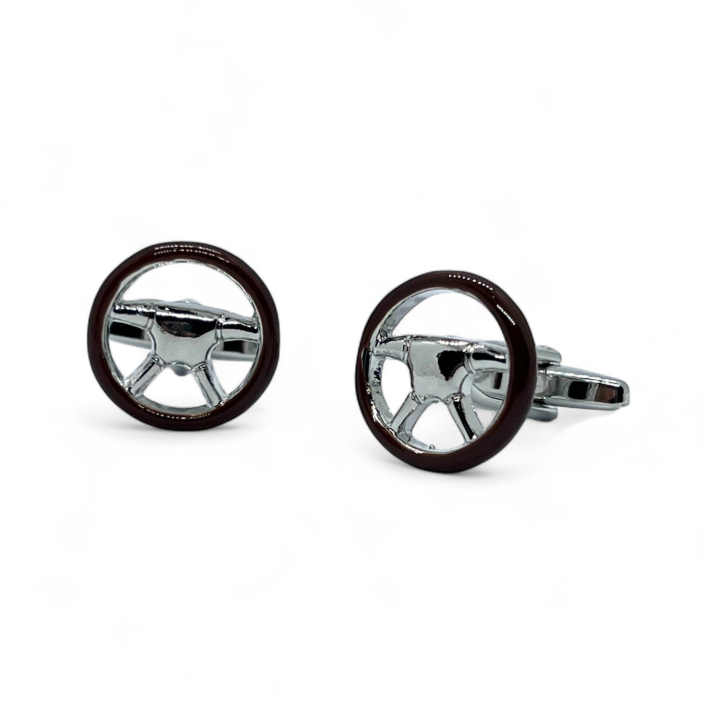 Brown Steering Wheel Silver Cufflinks
