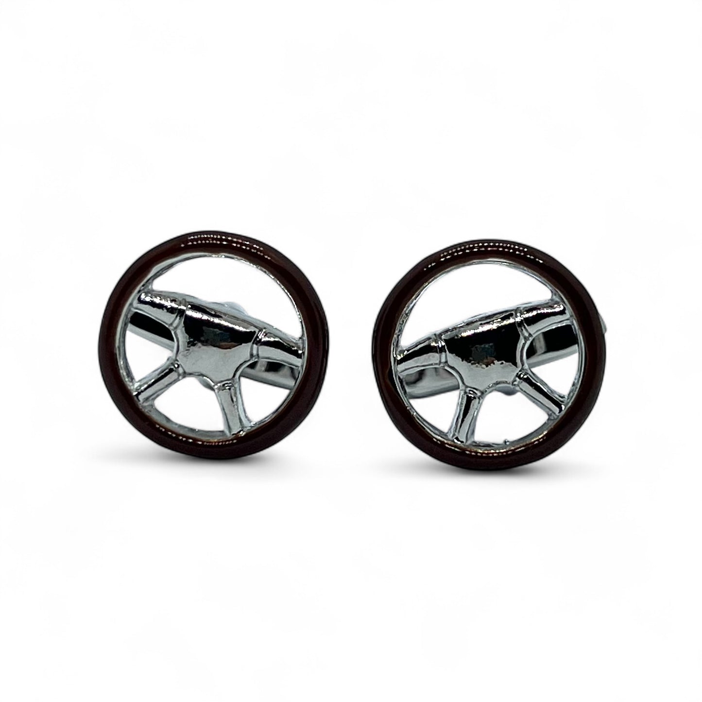Brown Steering Wheel Silver Cufflinks