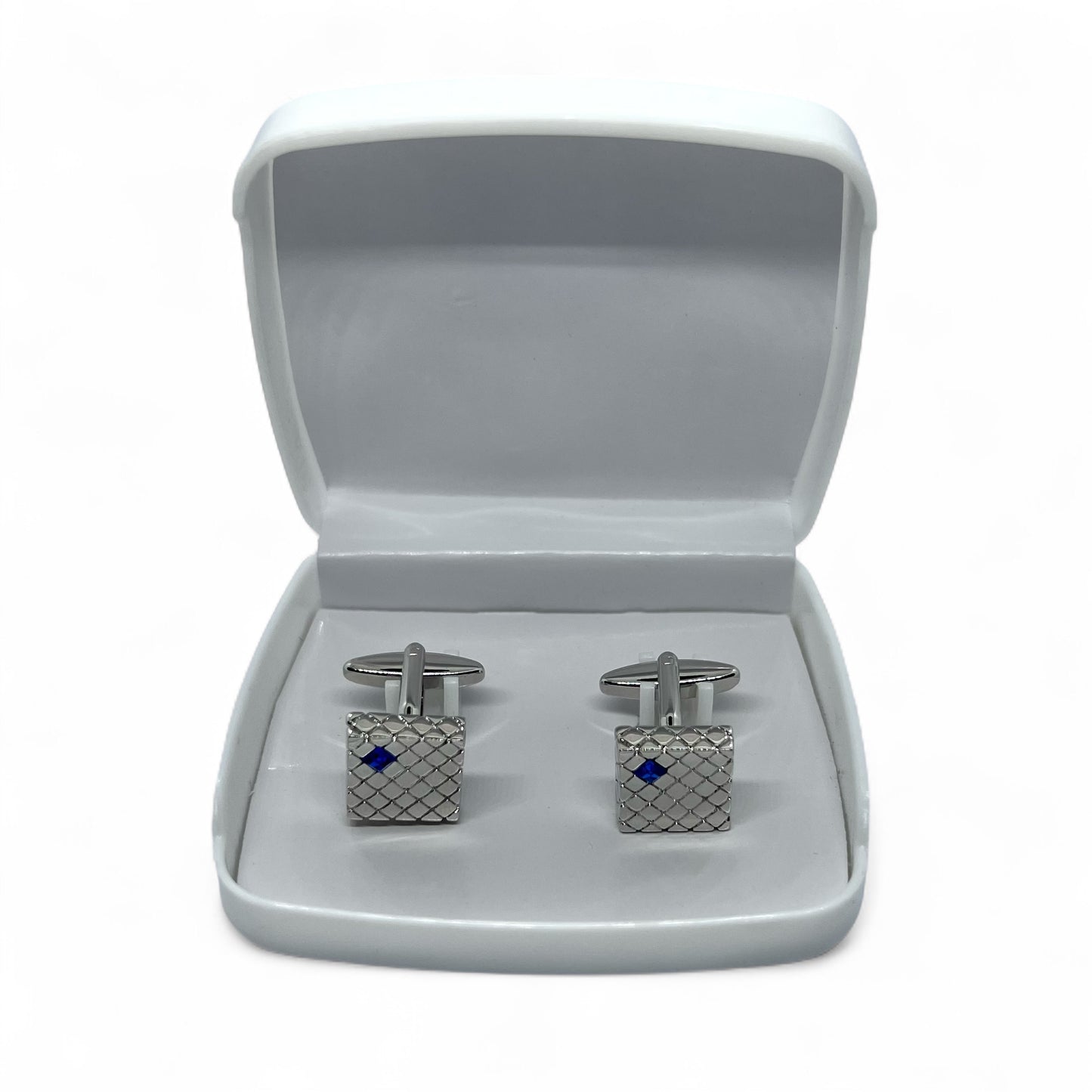 Rhombus Plaid Blue Rhino Silver Cufflinks
