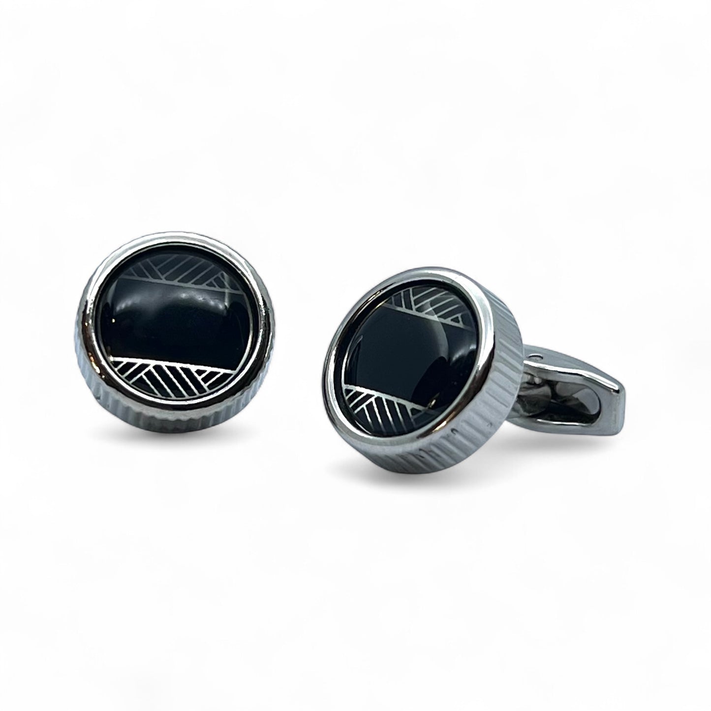 Lined Black Glass Silver Cufflinks