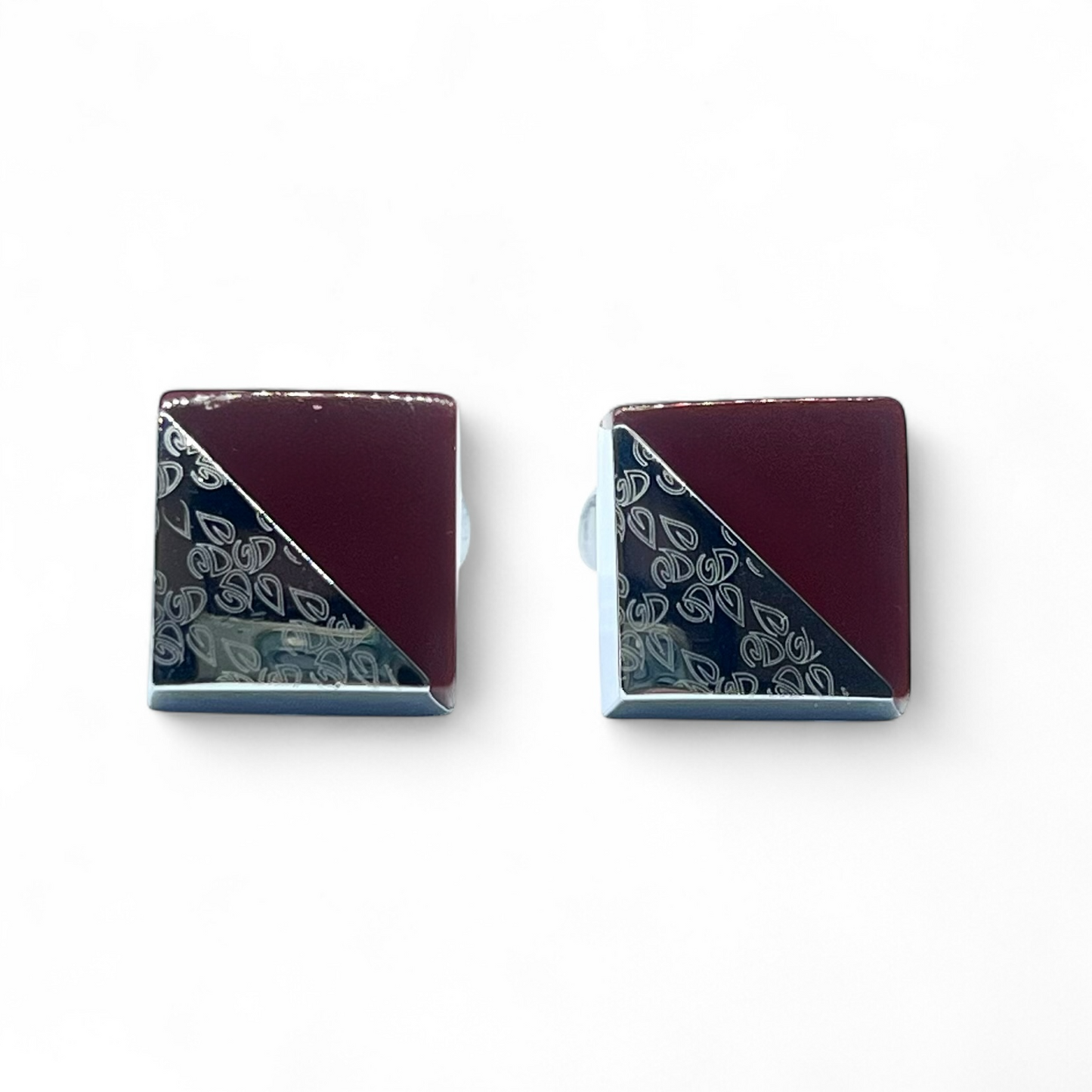 Men Cut Laser Engraved Maroon Silver Cufflinks