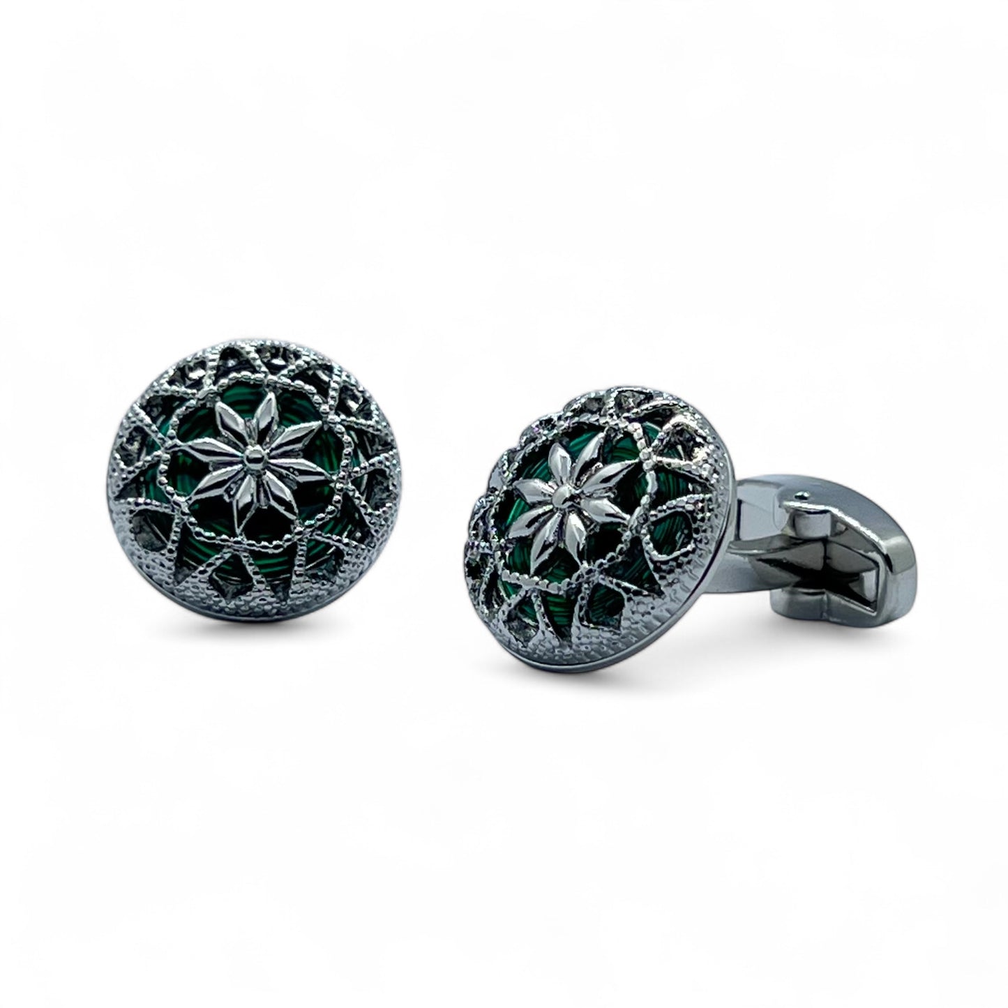 Vintage Hollow Green Resin Silver Cufflinks