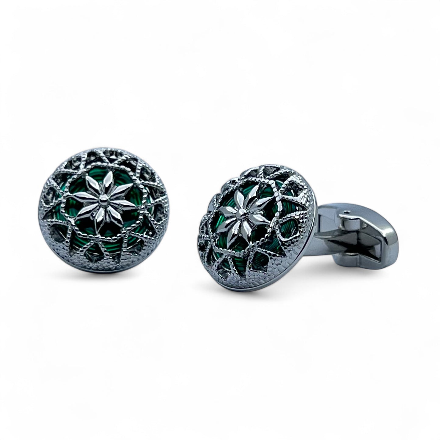 Vintage Hollow Green Resin Silver Cufflinks
