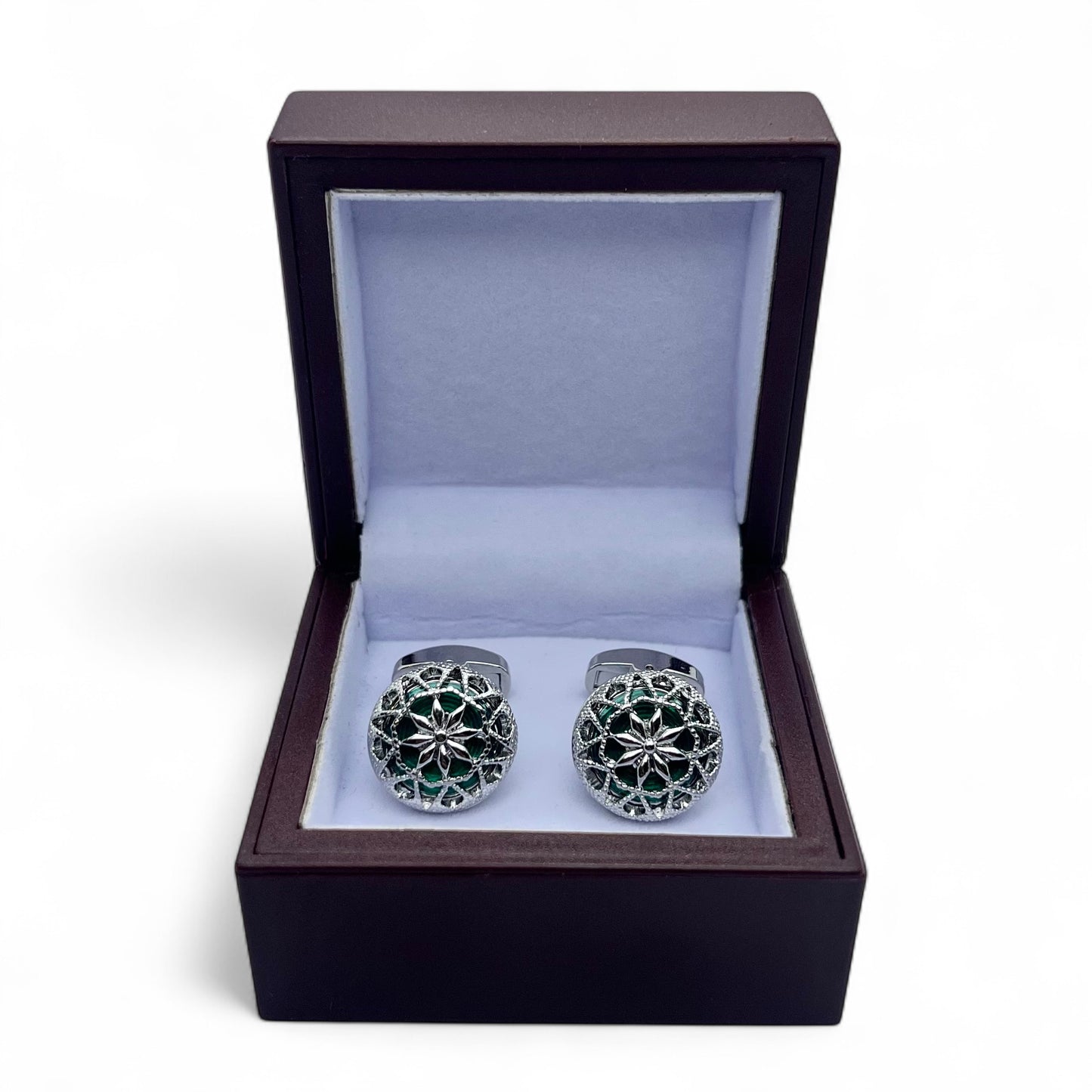 Vintage Hollow Green Resin Silver Cufflinks