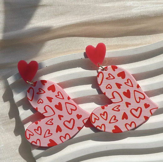 Red Love Heart Pattern Drop Earrings