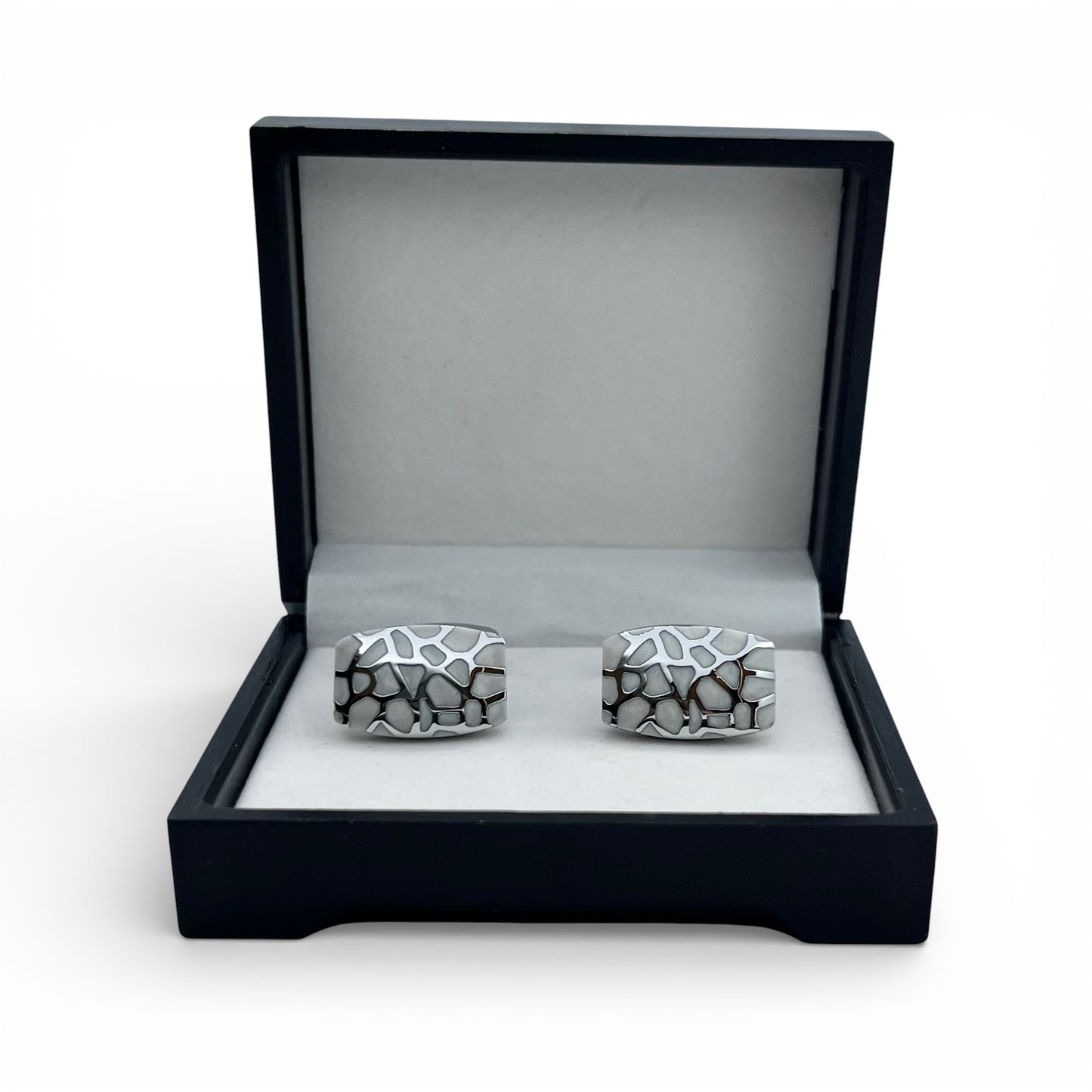 White Leopard Grid Silver Cufflinks