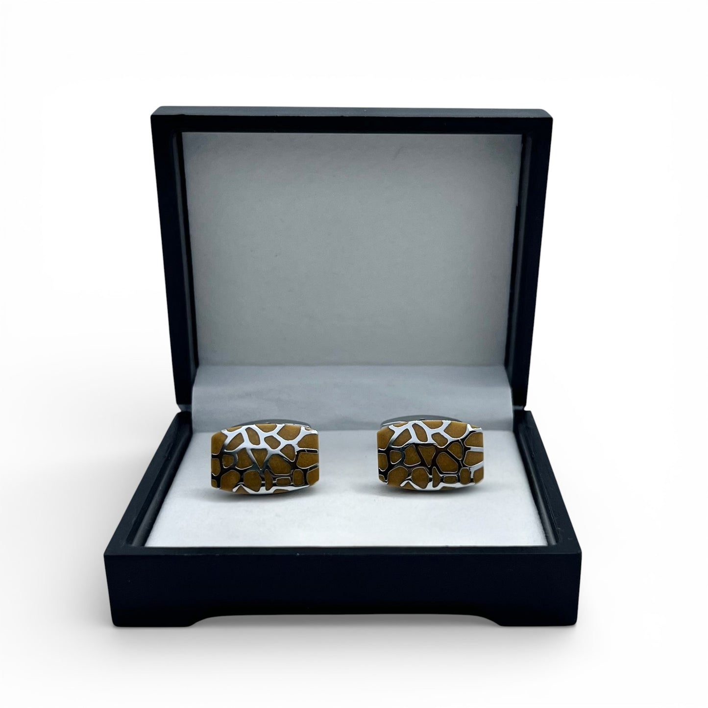 Brown Leopard Grid Silver Cufflinks