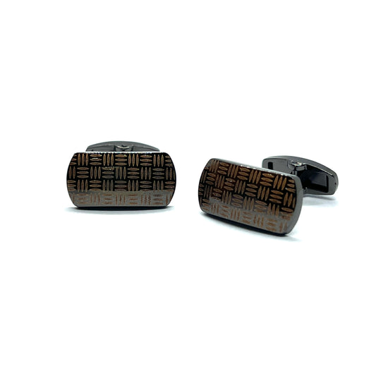 Check Lined Long Printed Grey Metallic Cufflinks