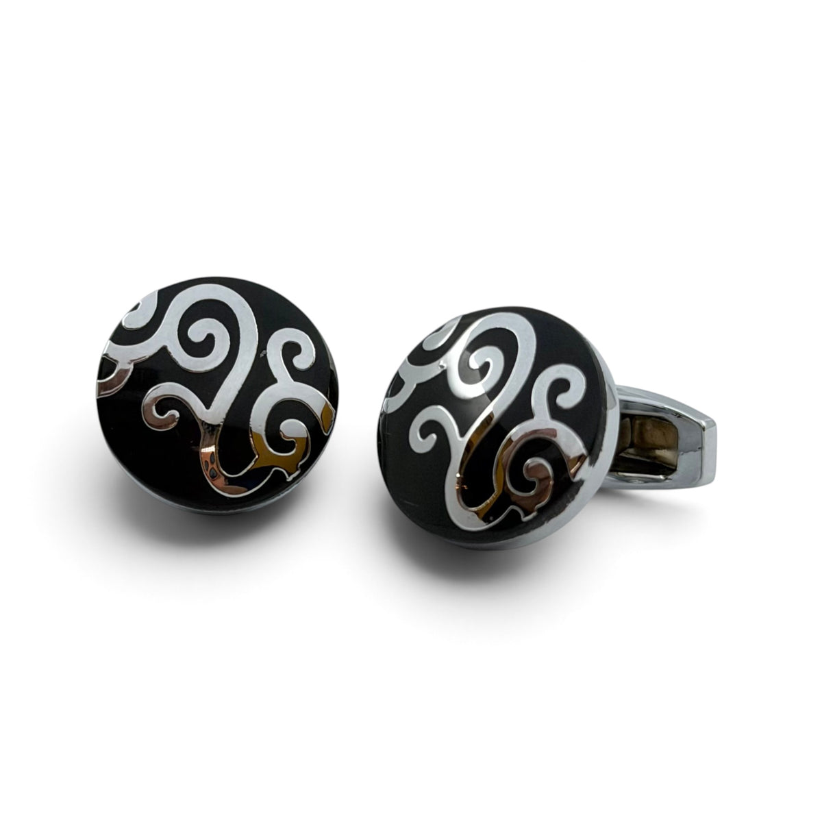 Black Noir Swirl Crest Silver Cufflinks