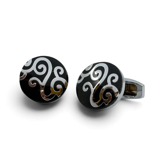 Black Noir Swirl Crest Silver Cufflinks