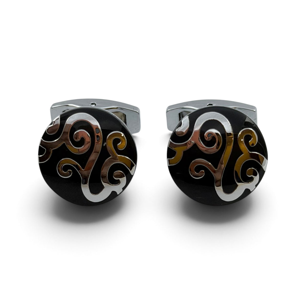 Black Noir Swirl Crest Silver Cufflinks