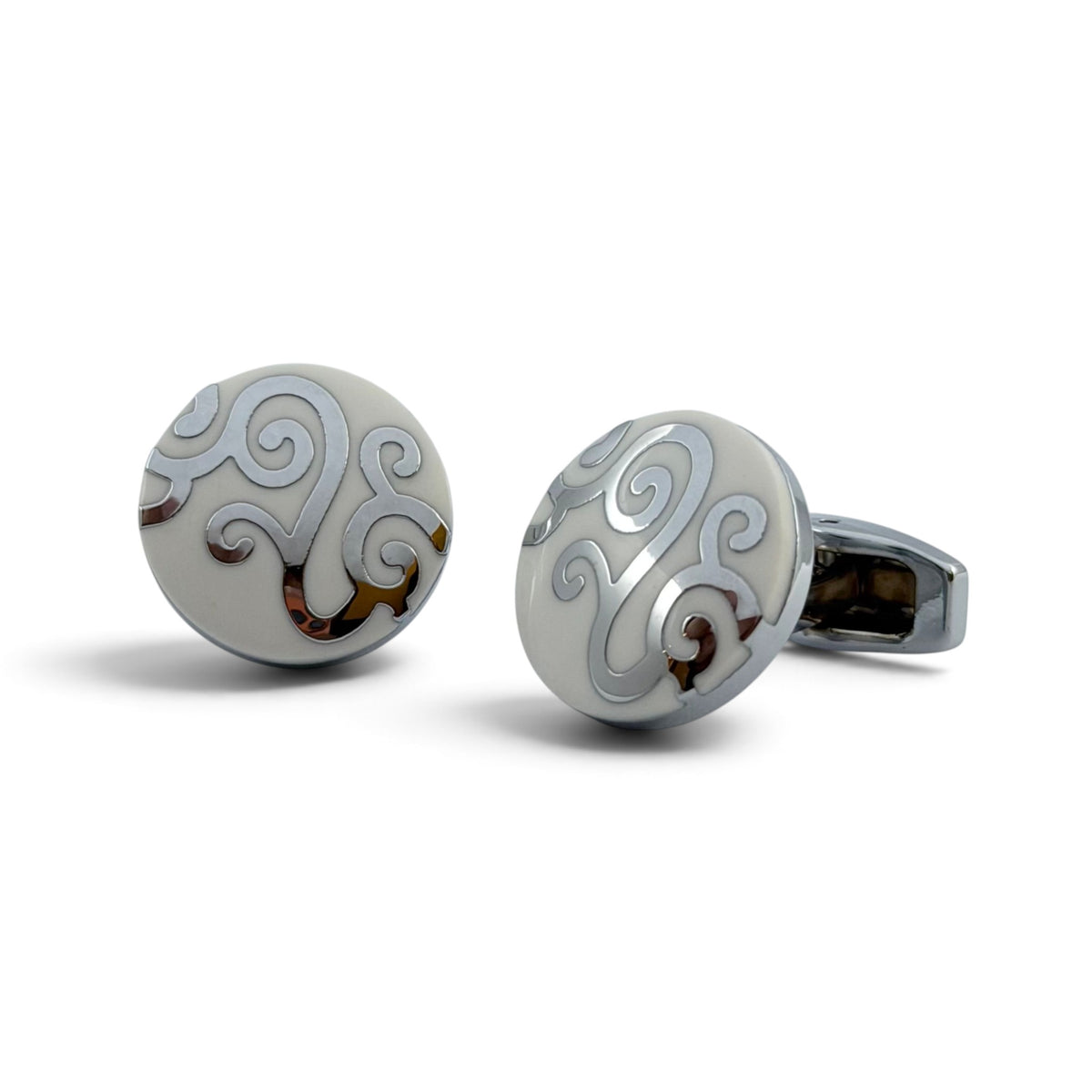 White Noir Swirl Crest Silver Cufflinks