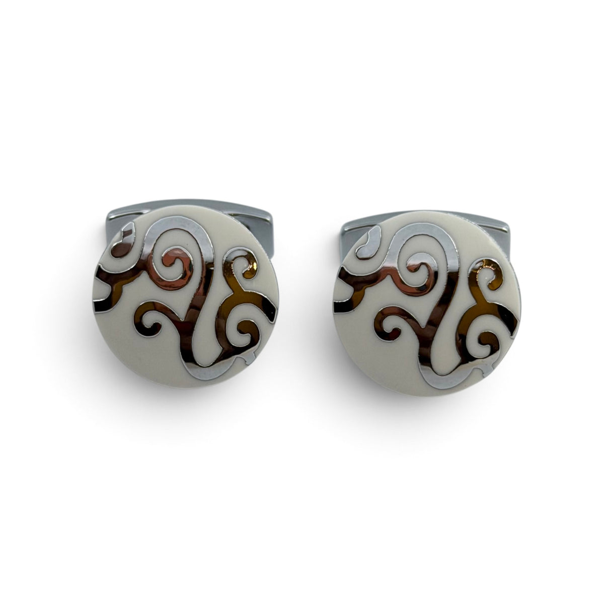 White Noir Swirl Crest Silver Cufflinks