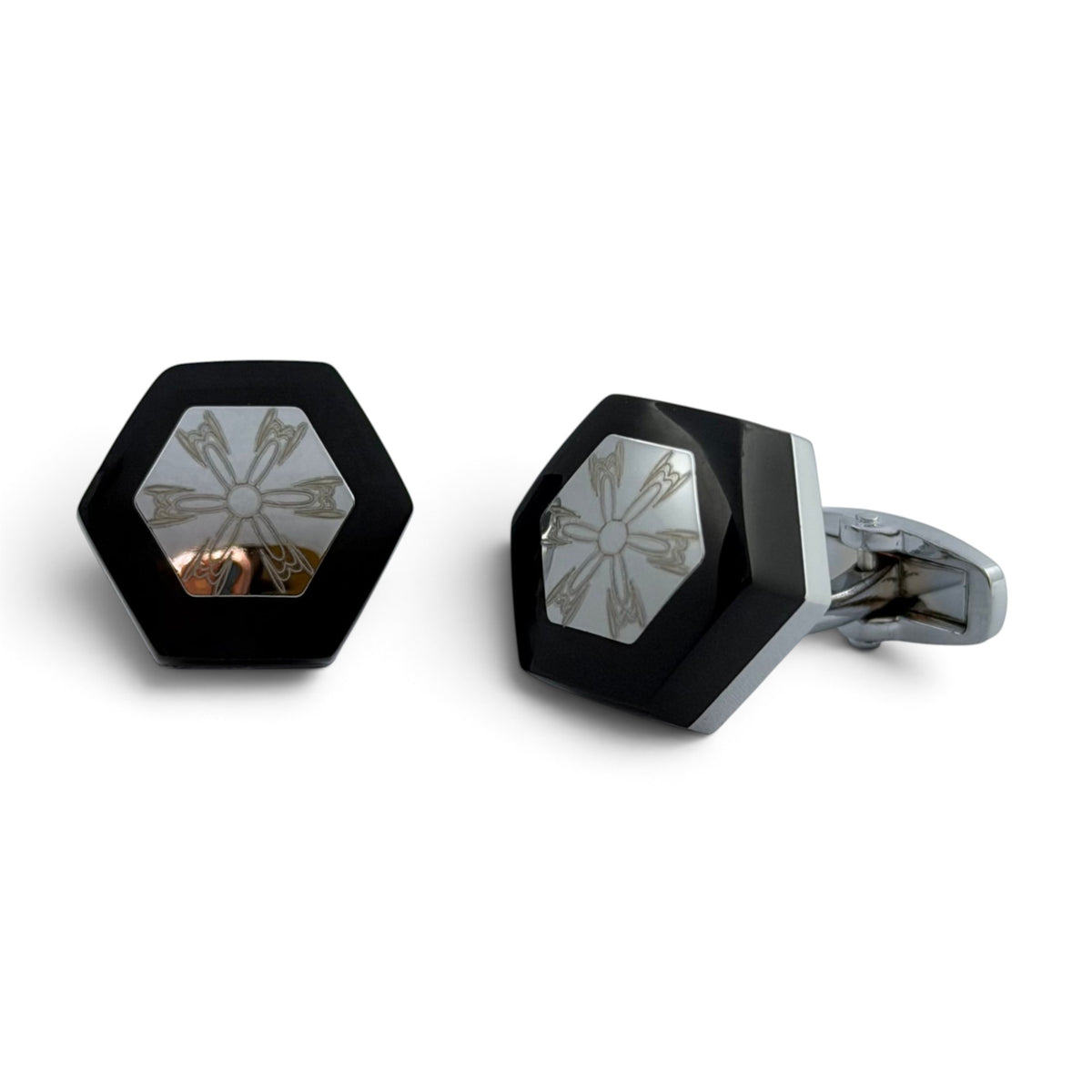Onyx Floral Crest Silver Cufflinks