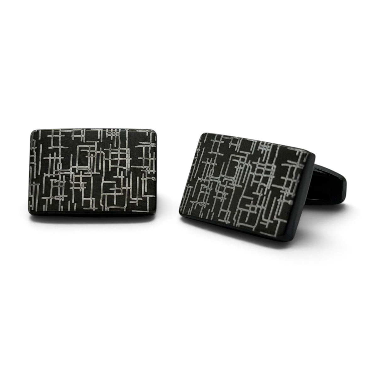 Silver Geometric Grid Black Cufflinks