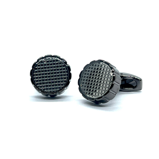 Round Checked Classic Grey Metallic Cufflinks