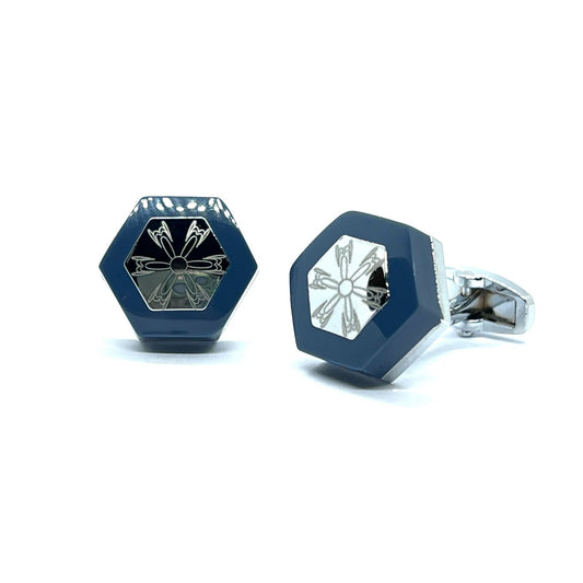 Laser Engraved Dark Blue Hexa Silver Cufflinks