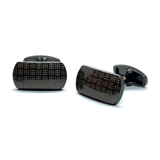 Check Lined Long White Printed Grey Metallic Cufflinks