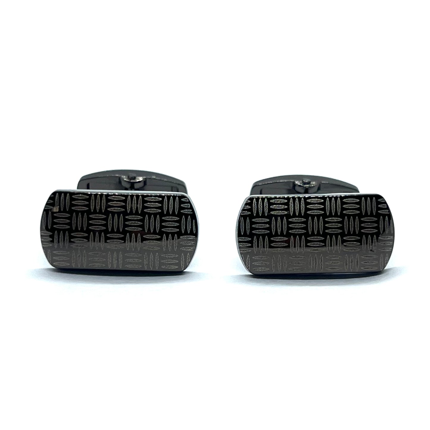 Check Lined Long White Printed Grey Metallic Cufflinks