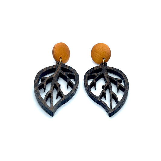 Vintage Brown Wooden Leaf Drop Earrings