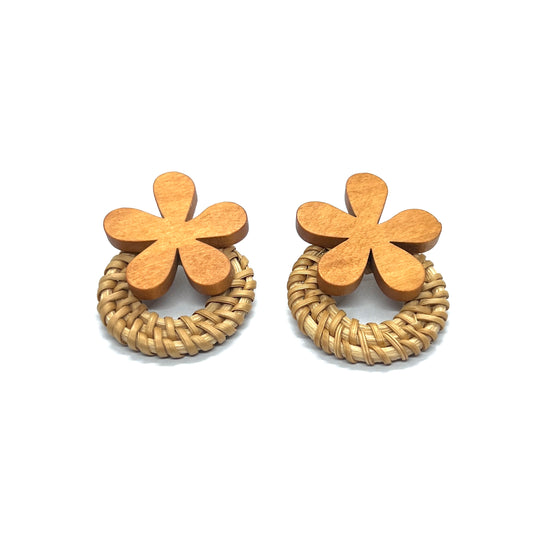 Rattan Brown Wooden Flower Drop Earrings