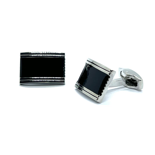 Geo Patterned Black Silver Cufflinks