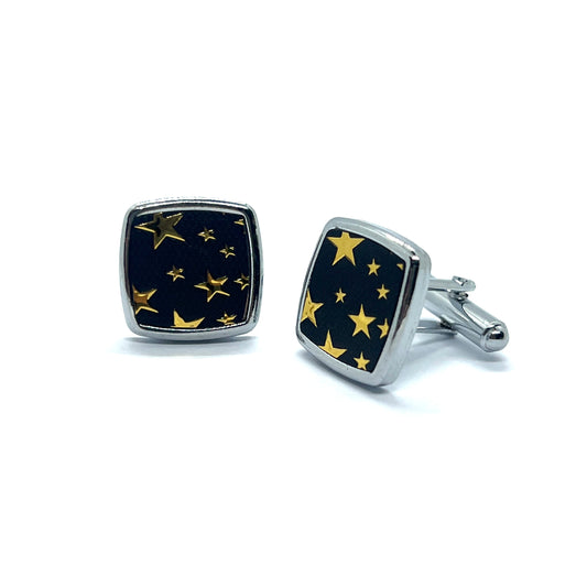 Golden Stars Black Textured Silver Cufflinks