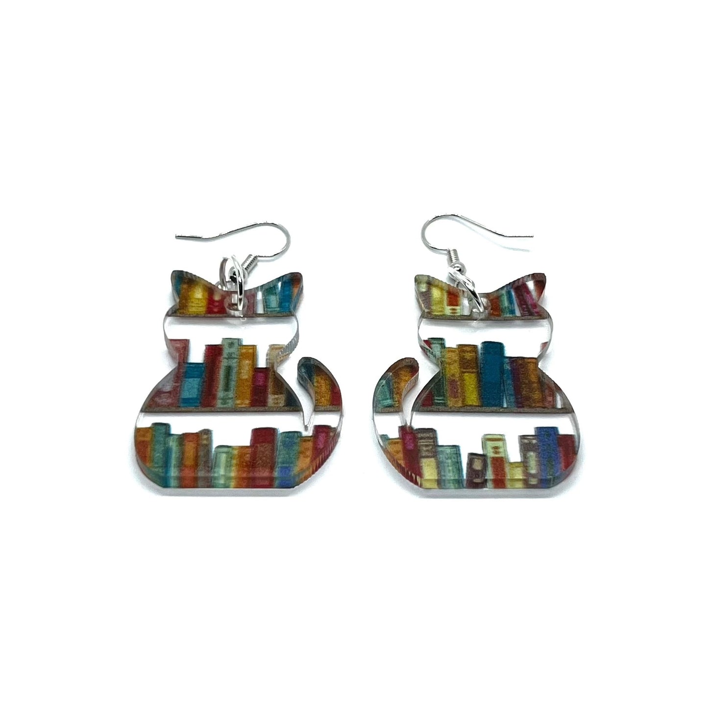 Acrylic Library Bookshelf Cat Pendant Earrings