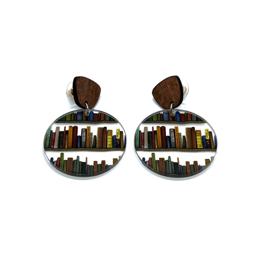 Acrylic Library Bookshelf Wood Top Pendant Earrings