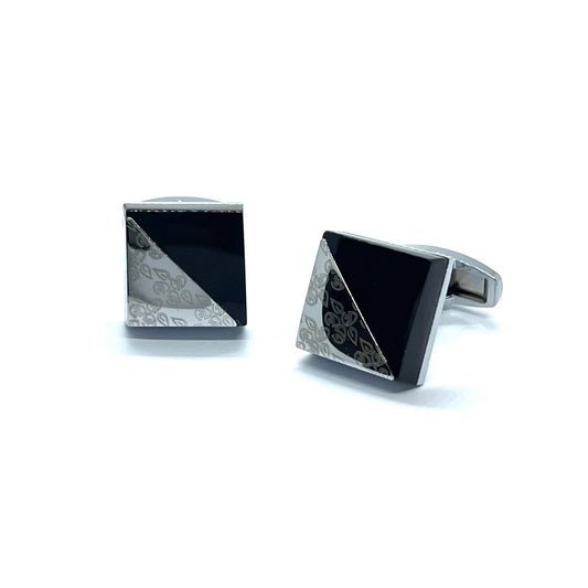 Men Cut Laser Engraved Black Silver Cufflinks