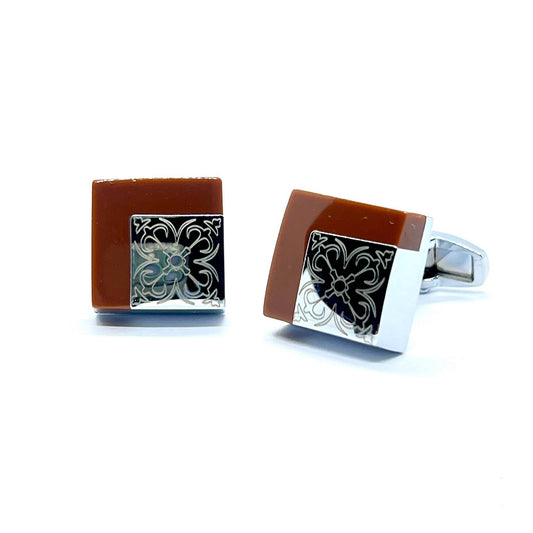 Floral Printed Dark Brown Silver Cufflinks