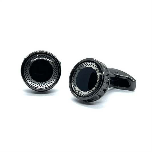 Silver Round Glass Curva Grey Metallic Cufflinks