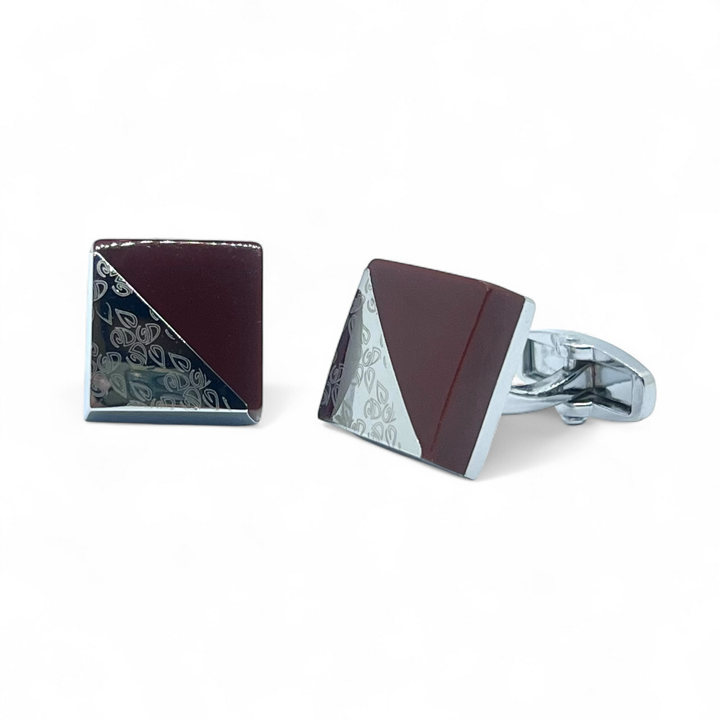 Men Cut Laser Engraved Maroon Silver Cufflinks