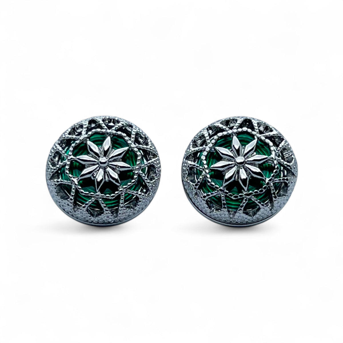 Vintage Hollow Green Resin Silver B Cufflinks