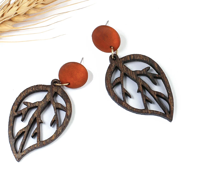 Vintage Brown Wooden Leaf Drop Earrings