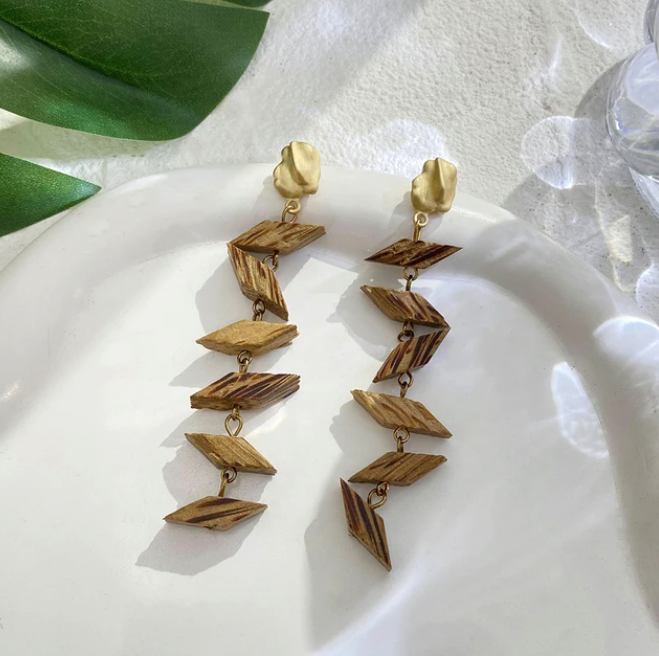 Wooden Style Brown Long Drop Earrings