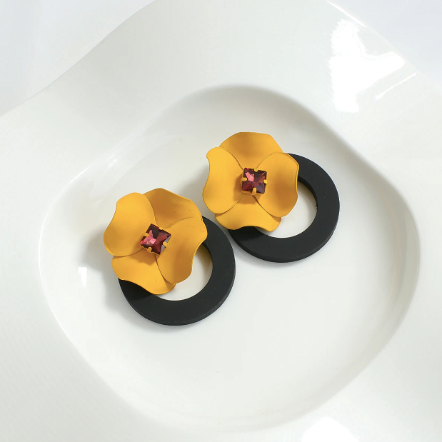 Yellow Flower Acrylic Rhino Drop Earrings